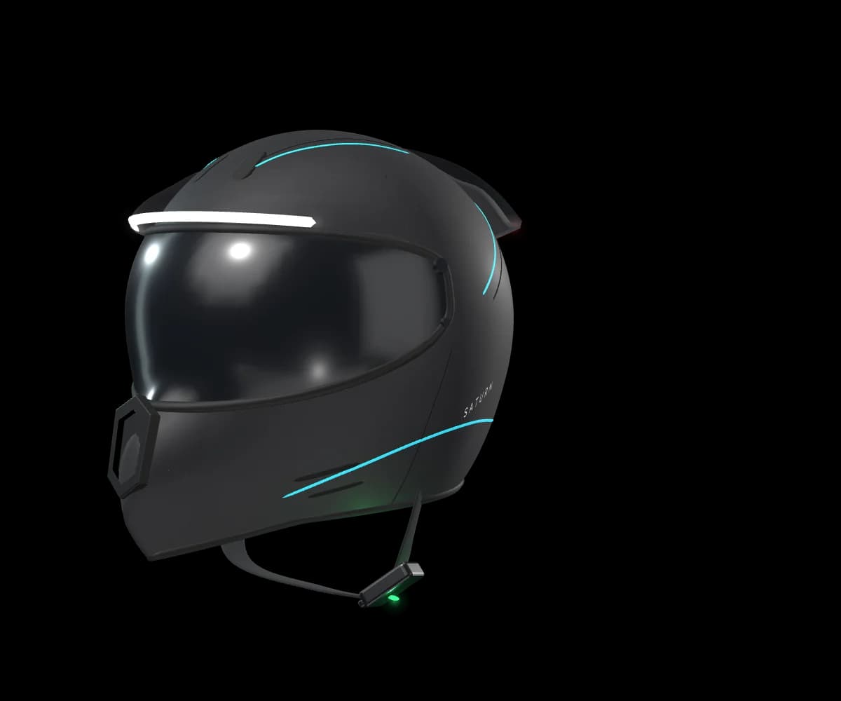 Concept model of the Saturn helmet: matte black with thin cyan lines, a white light across the brow, a red light on the rear peak, and a green light on the chin strap.